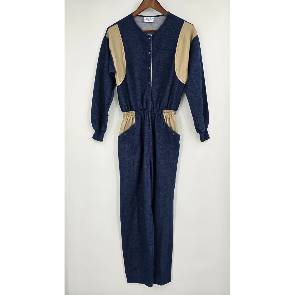 Vintage 80s Active Wear Jumpsuit Womens M Blue Tan Colorblock Snap Front